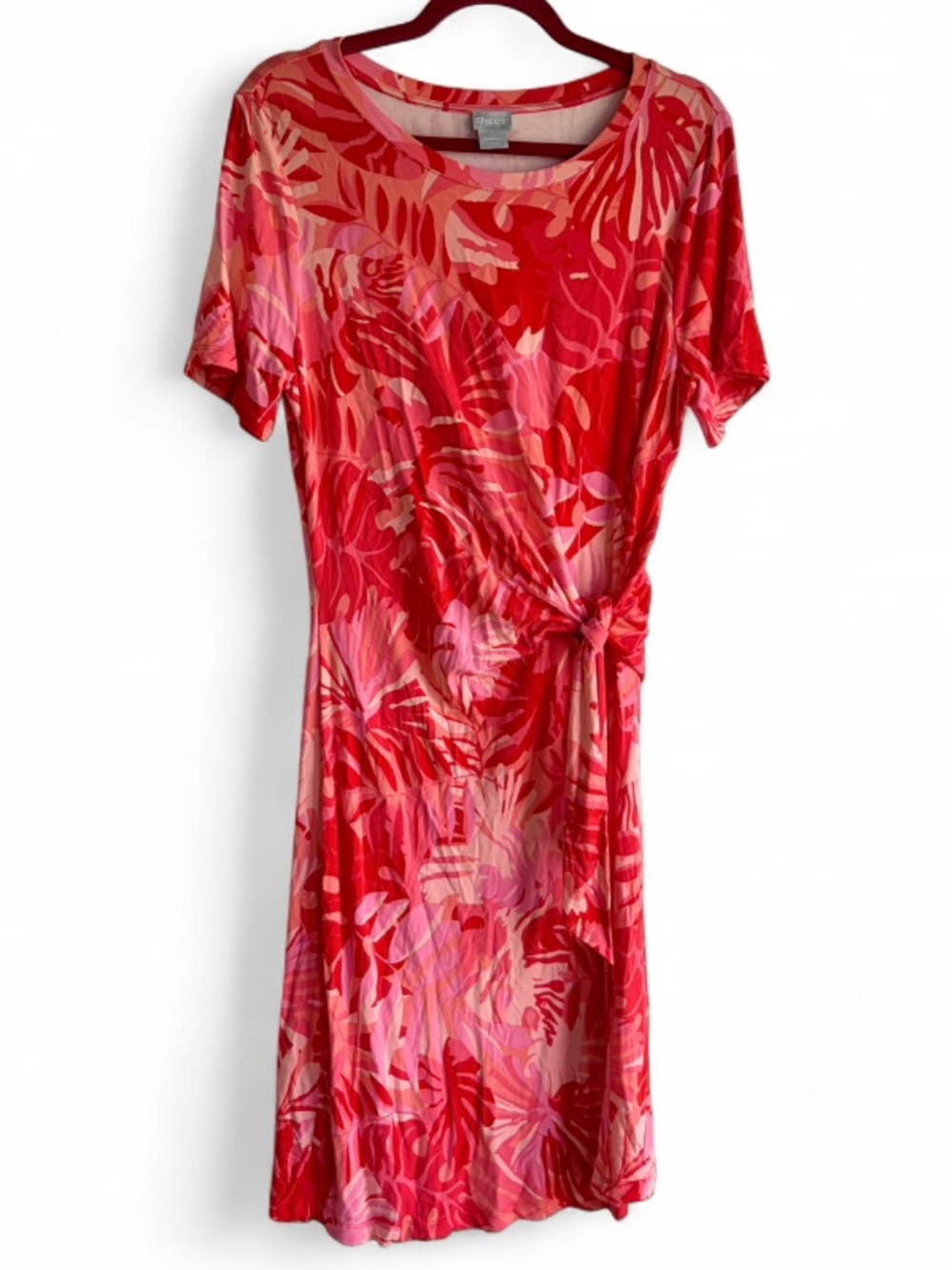 Chico's Floral Short Sleeve Tie Waist Midi Knit Dress Size 1